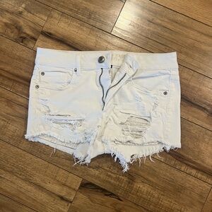 America Eagle White Distressed Denim Shorts
